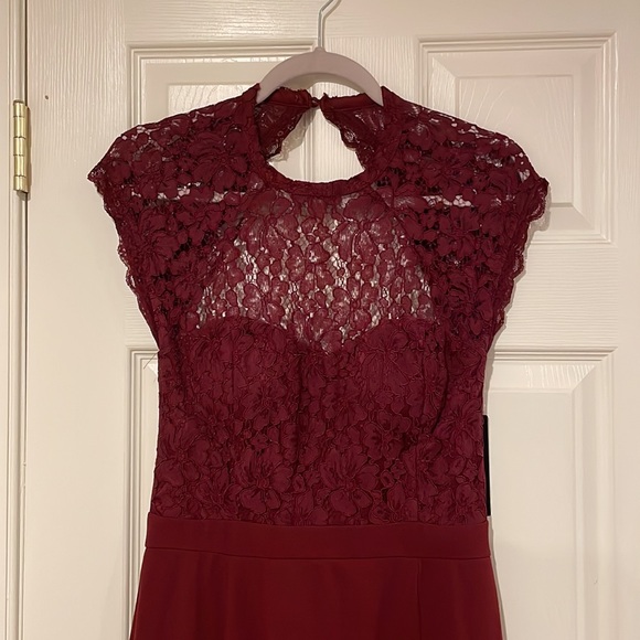 Lulu’s Burgundy Open Back, Cap Sleeve Gown - Picture 2 of 11